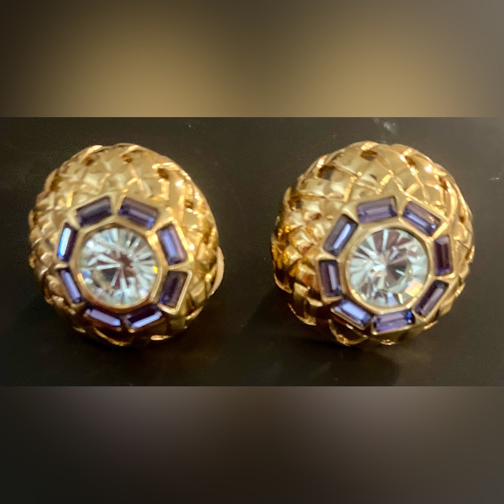 Nolan Miller Gold tone clip-on earrings’ with Clear and Purple Crystals